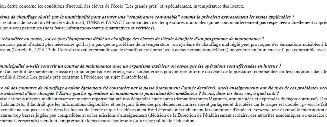 Septembre 2022, rentrée scolaire : notre question écrite relative aux problèmes de chauffage dans les classes.