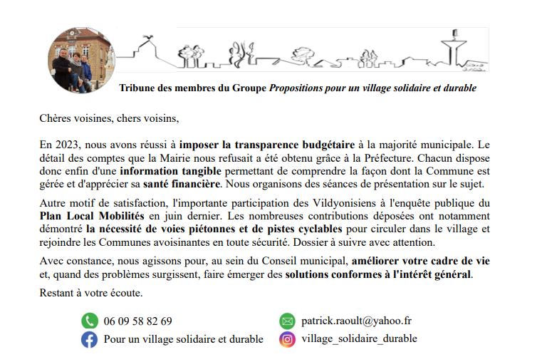Tribune des membres du groupe « Propositions pour un village solidaire et durable »