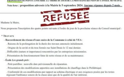 Décembre 2024 : notre proposition de sujets pour l’ordre du jour de la prochaine réunion a été refusée par la Mairie. À quoi sert un Conseil municipal si les sujets qui intéressent ou préoccupent les habitants ne sont pas débattus ?