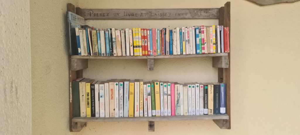 Photo de 2 étagères de la bibliothèque de rue. Couverture et 4° de couverture du livre de Patrick Pelloux intitulé "Histoire d'urgences"