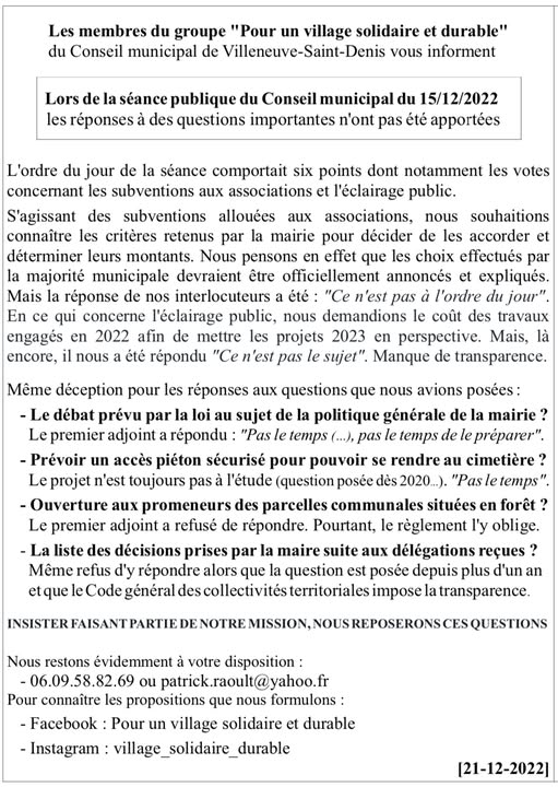 Photo de la Mairie volets fermés.
Et extraits de la communication des élus du Village solidaire dénonçant l'absence de réponse de la Municipalité à des questions pourtant très légitimes.
