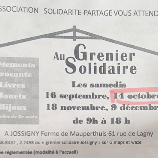14 octobre 2023 : grenier solidaire de l’association Solidarité Partage 77 à Jossigny (Ferme de Mauperthuis).