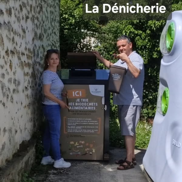 Photos des différents points de collecte des biodéchets. Catherine et Patrick sur le terrain pour tester les nouveaux équipements.