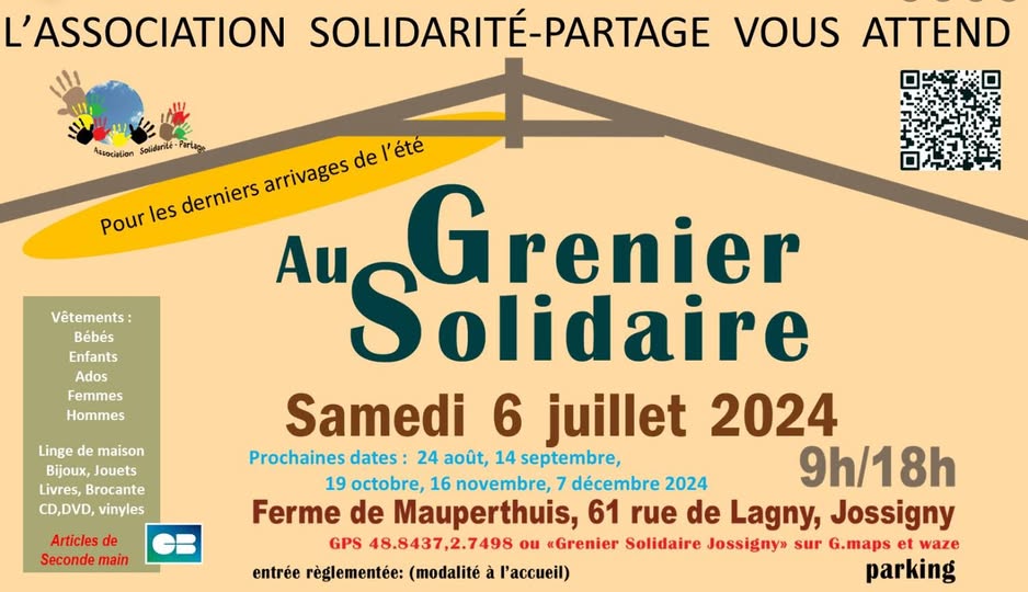 6 juillet 2024 : grenier solidaire à la ferme de Mauperthuis à Jossigny. Les bénévoles de l’association Solidarité-Partage 77 toujours au rendez-vous
