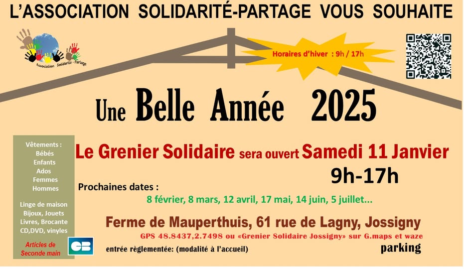 10 janvier 2025 : demain samedi 11, premier grenier solidaire de l’année. Merci aux bénévoles de l’association Solidarité-Partage 77 🙏