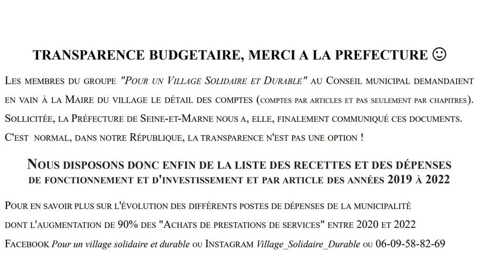 Juin 2023, une bonne nouvelle : la Préfecture nous a adressé les documents comptables de Villeneuve-Saint-Denis que la Mairie nous refusait :-)