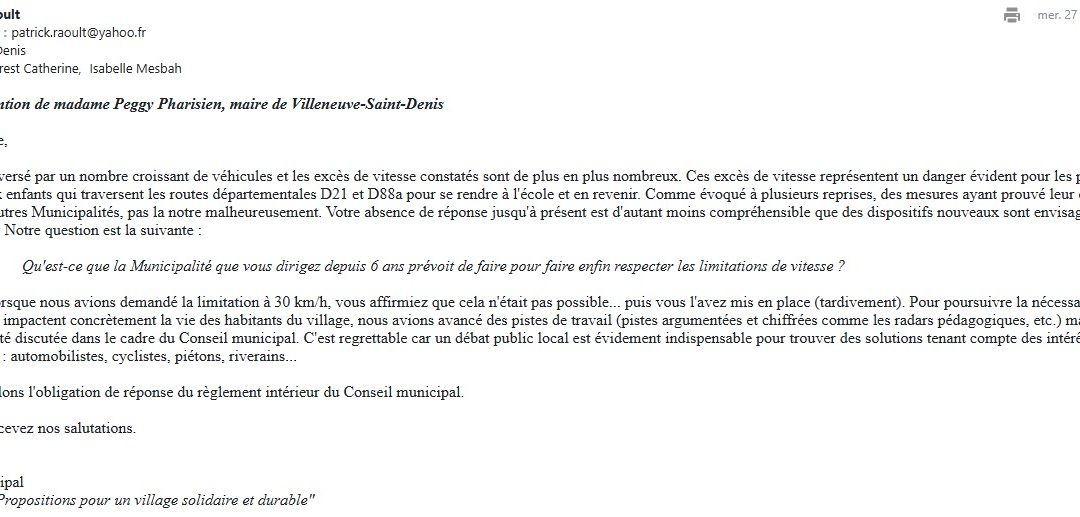 Pour mémoire, les questions écrites adressées à la Municipalité en 2024 : raisons de la prolongation des travaux, réparation du câble HT Enedis et lutte contre les excès de vitesse.